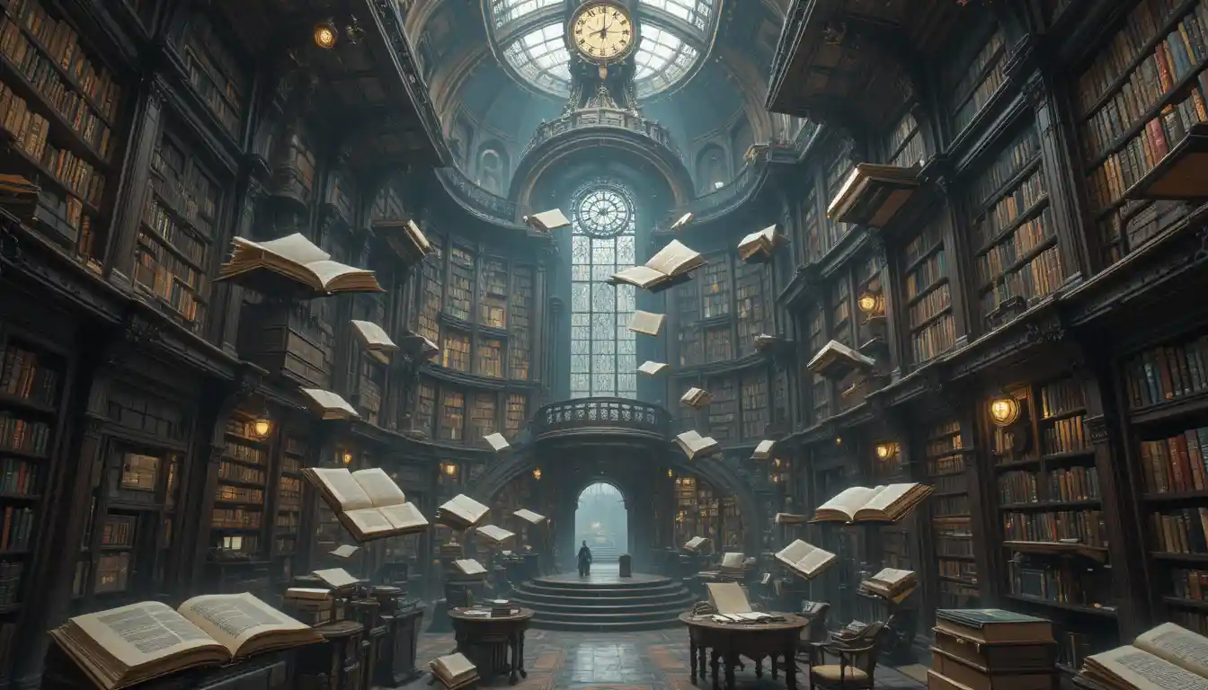 Bibliothèque steampunk magique avec livres flottants et chaude lueur d’engrenages