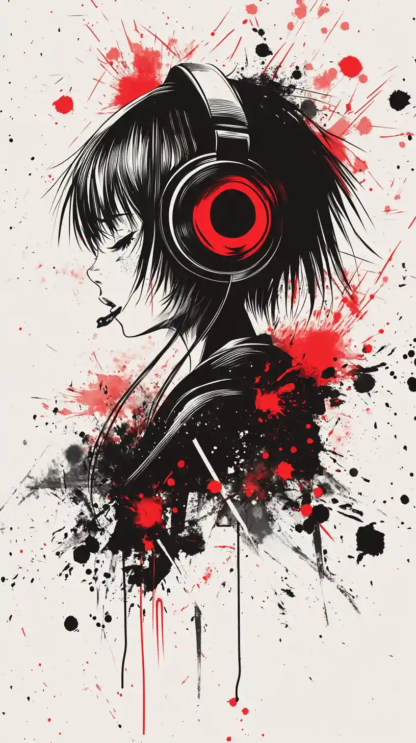 Fille manga énergique avec casque audio en style encre audacieux