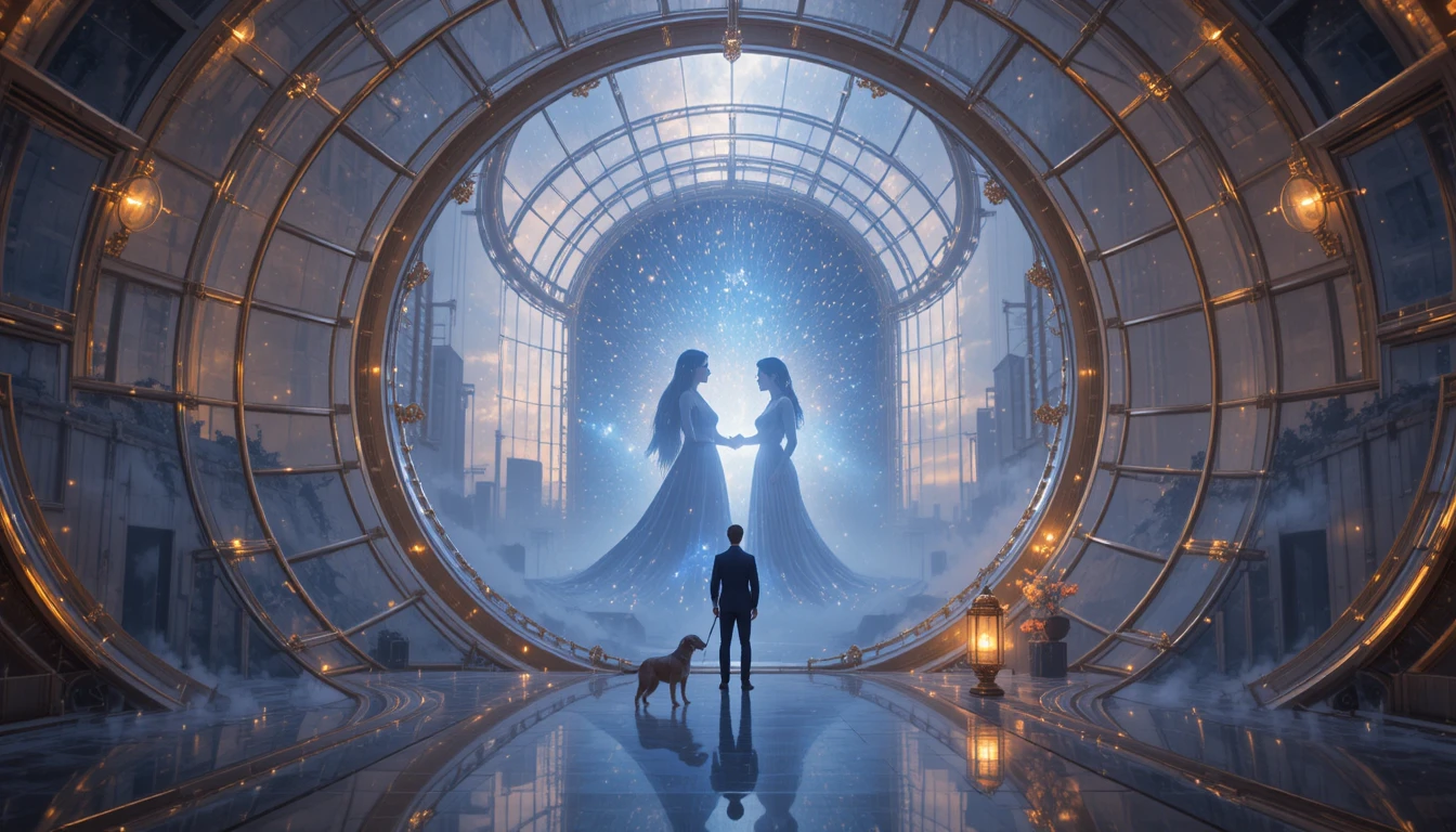 Man in glass sanctuary facing glowing cosmic portal