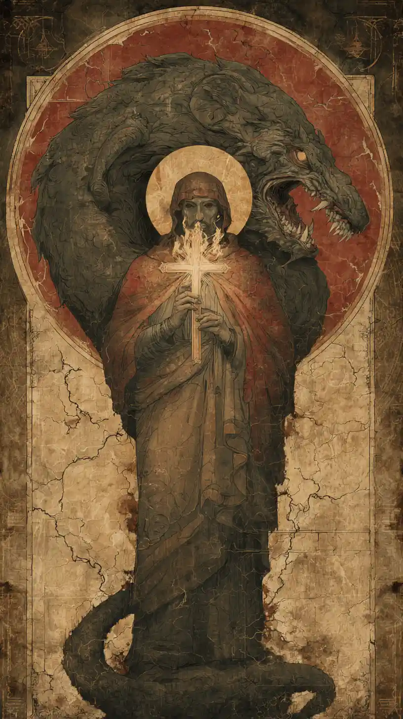 Icona sacra oscura con croce fiammeggiante e minacciosa ombra mostruosa