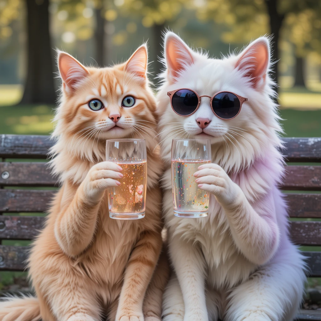 Gatto etereo e cane ultraterreno che condividono bevande frizzanti