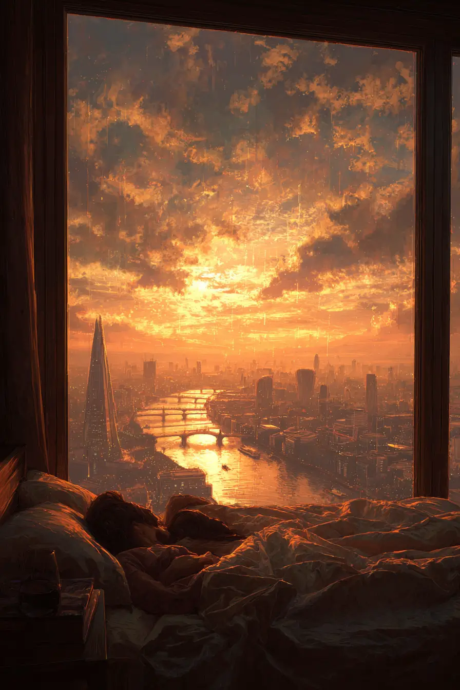 Couple Relaxing In Bed Overlooking Sunset City Skyline