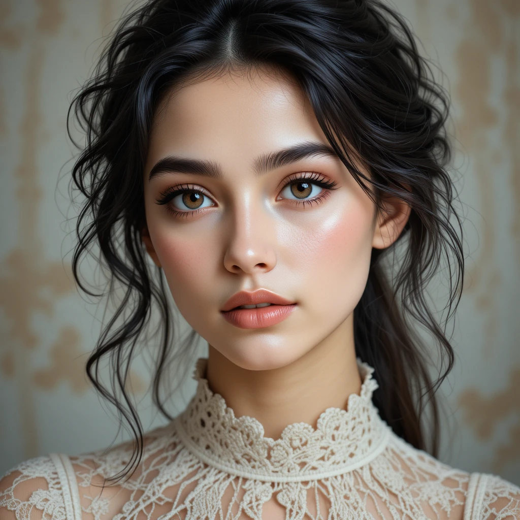 Close up portrait of young woman in lace high neck top