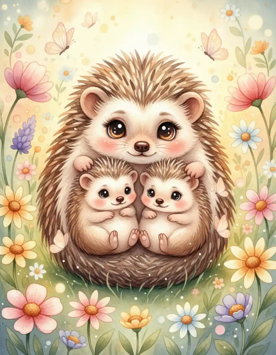 Watercolor mother hedgehog cuddling three babies in meadow
