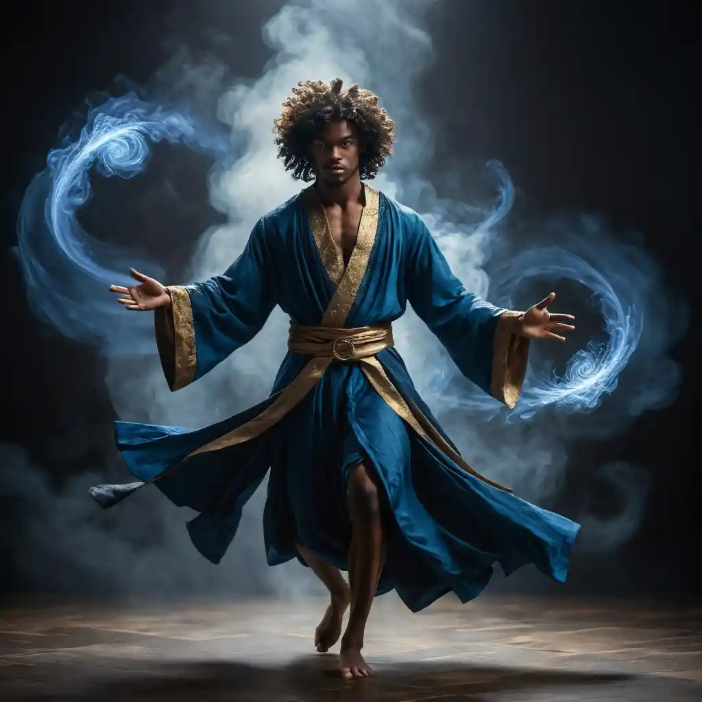 Mystical mage dancing with swirling golden and blue magic
