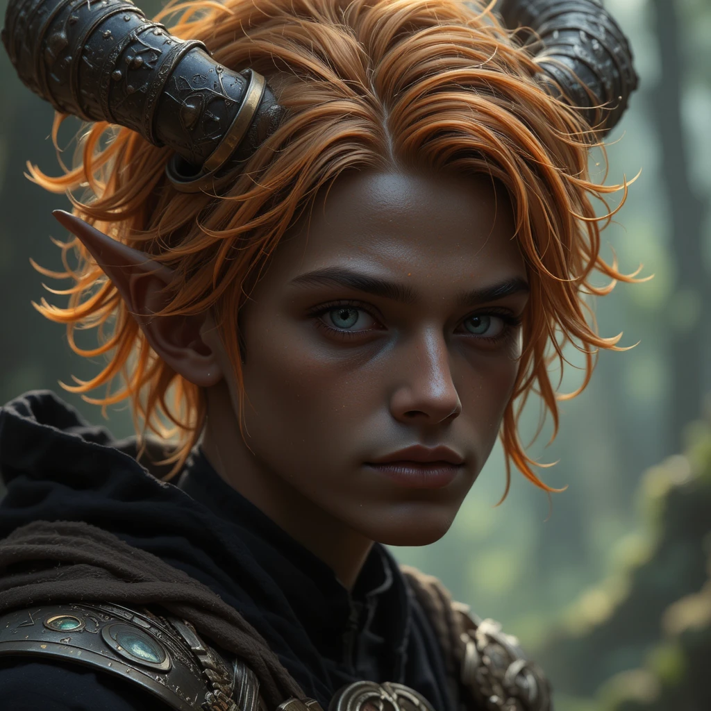 Young dark god with orange hair in a fantasy realm