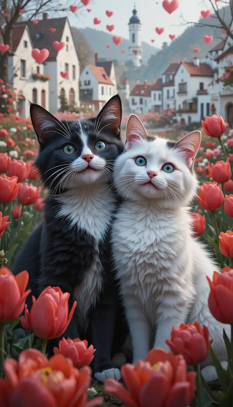 Smiling polka dot cats among red tulips and hearts