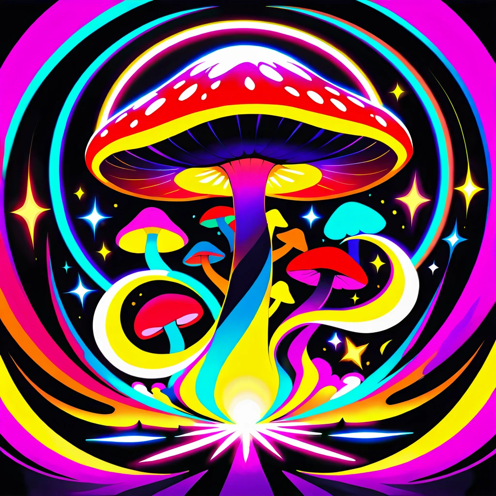 Glowing Curved Mushroom Against A Dark Psychedelic Sun