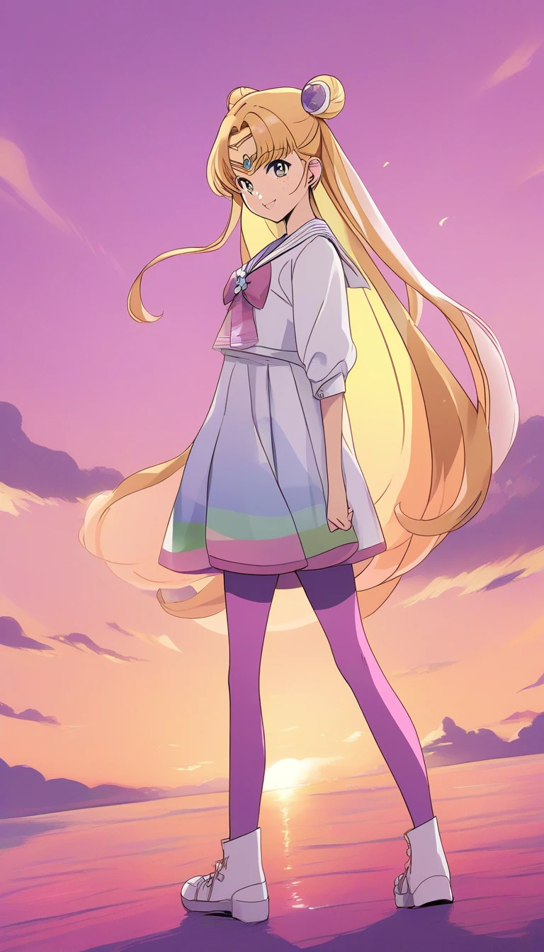 Joyful anime girl standing outdoors at sunrise