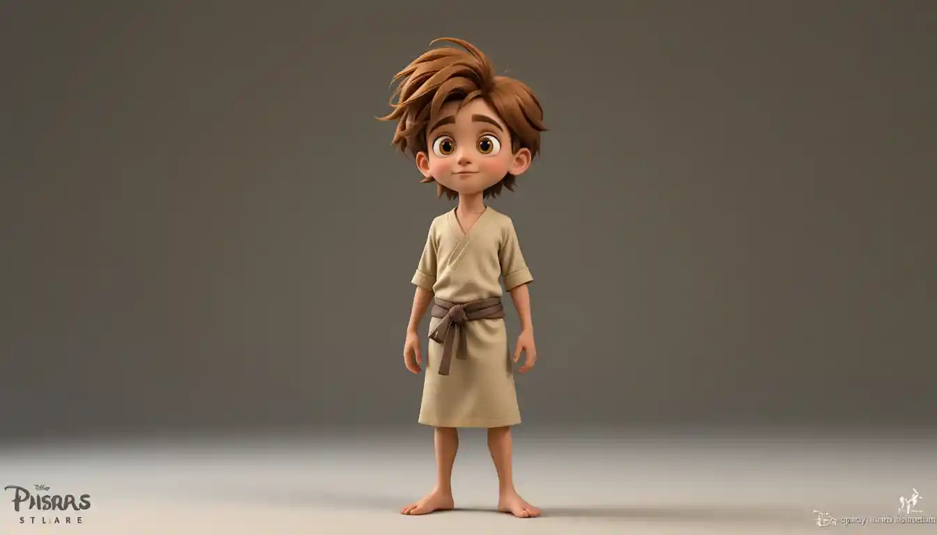 Hoja de personaje 3D de un niño curioso con túnica de lino