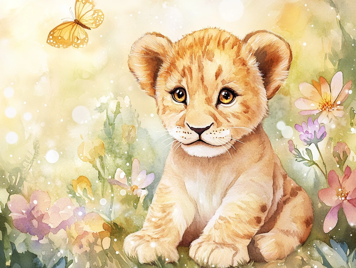 Cute baby lion cub in a whimsical flower meadow