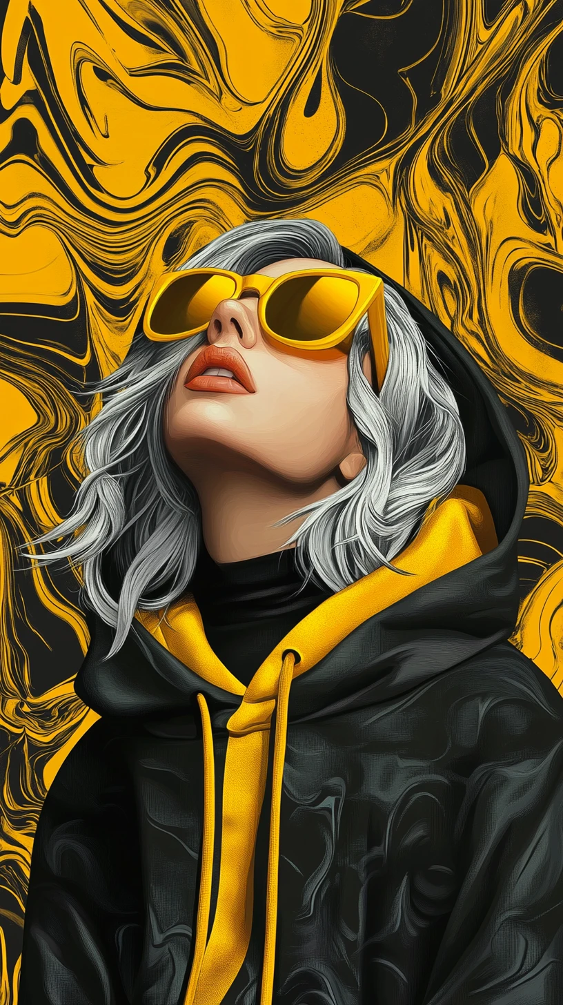 Silberhaariges Mädchen im gelben Pop-Art-Grafikporträt