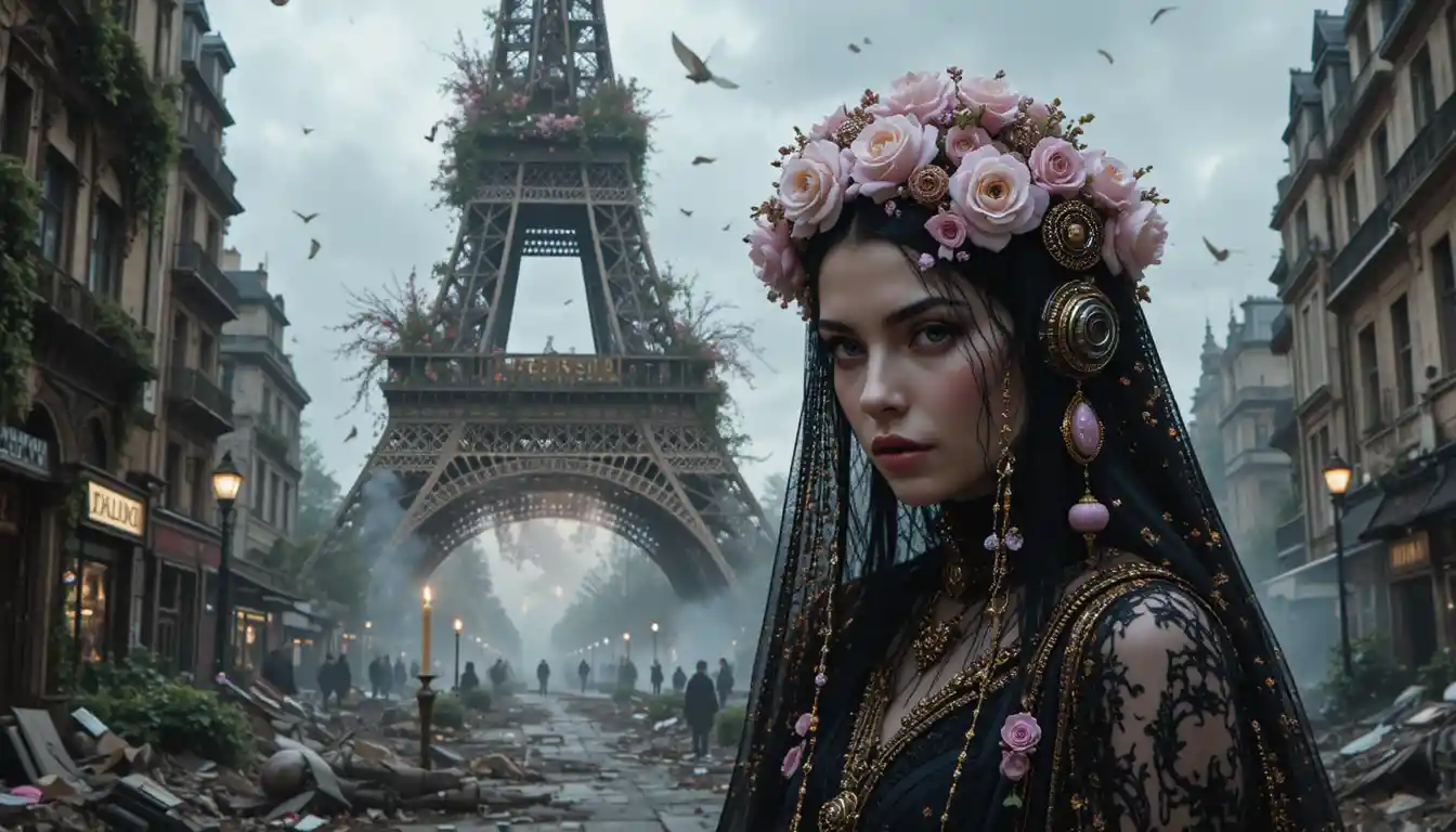 Gothic woman with candle amid falling golden floral rain