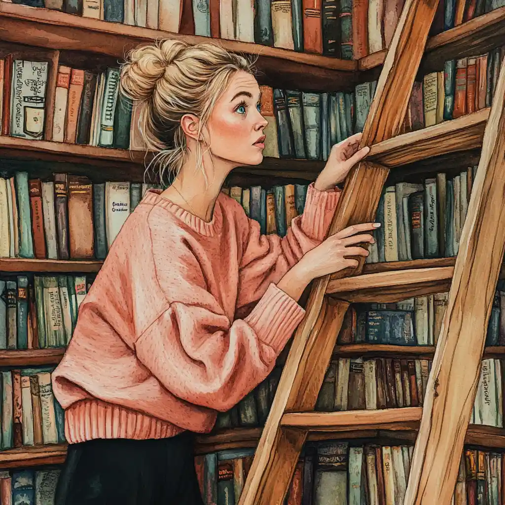 Frau stöbert in Büchern in einer gemütlichen Aquarell-Bibliothek
