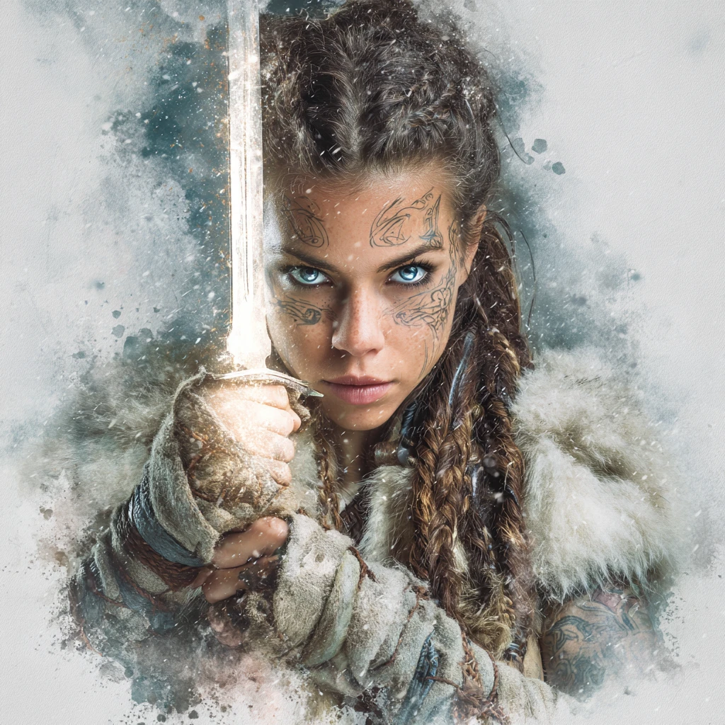 Defiant valkyrie warrior with glowing sword in winter armor