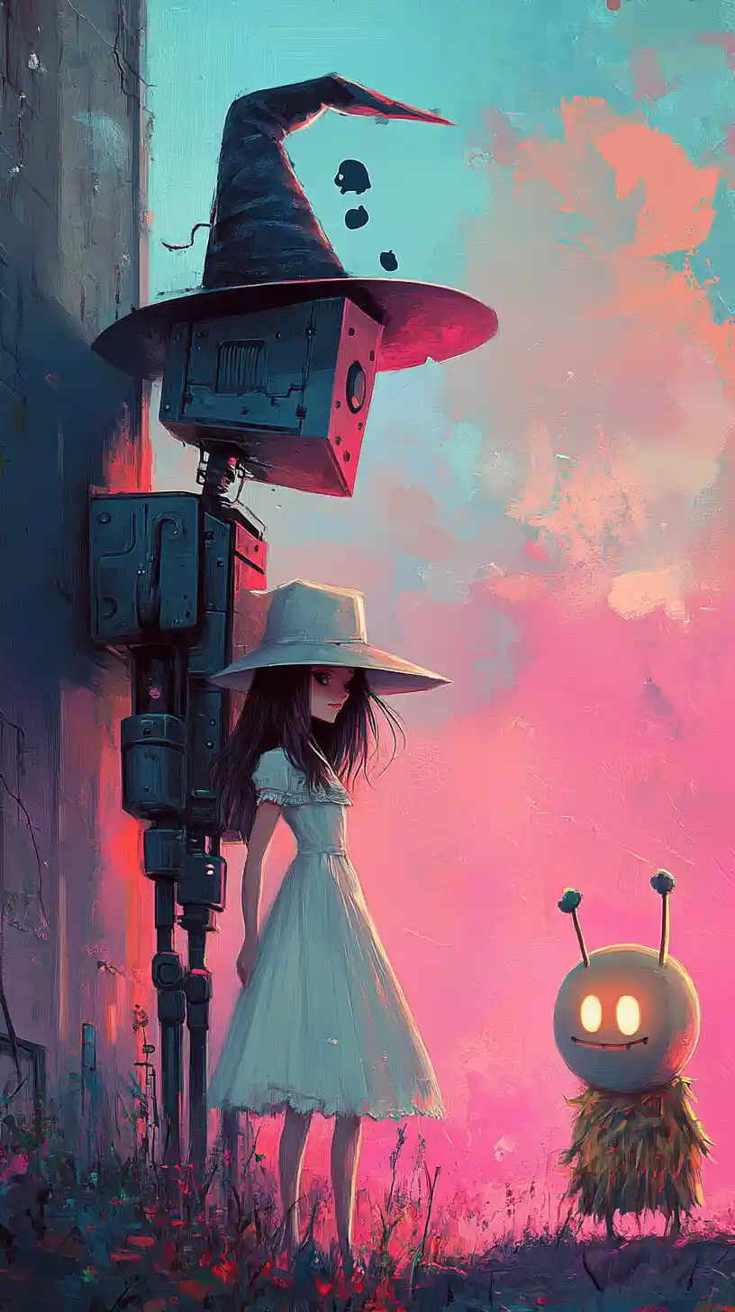Retro cartoon witch girl with robot and smiling ion