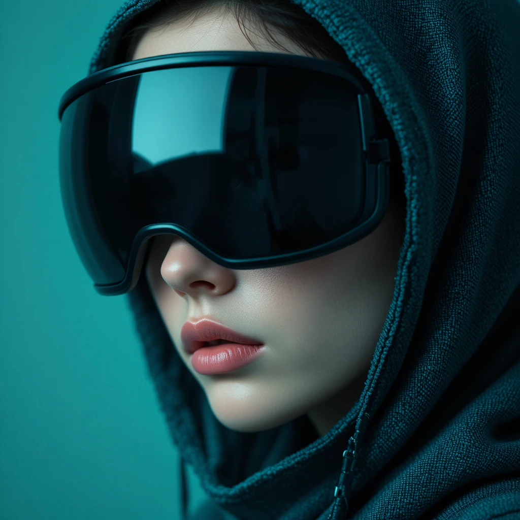 Futuristic close up portrait of woman in teal hooded coat