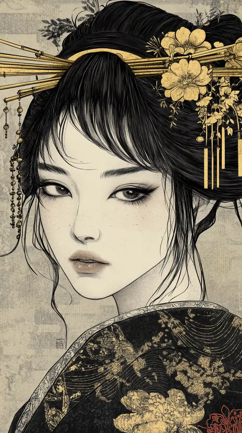 Ritratto di geisha in illustrazione a inchiostro ukiyo-e monocromatica
