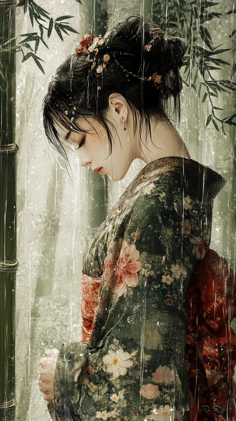 Young woman in traditional dress in a rainy bamboo grove