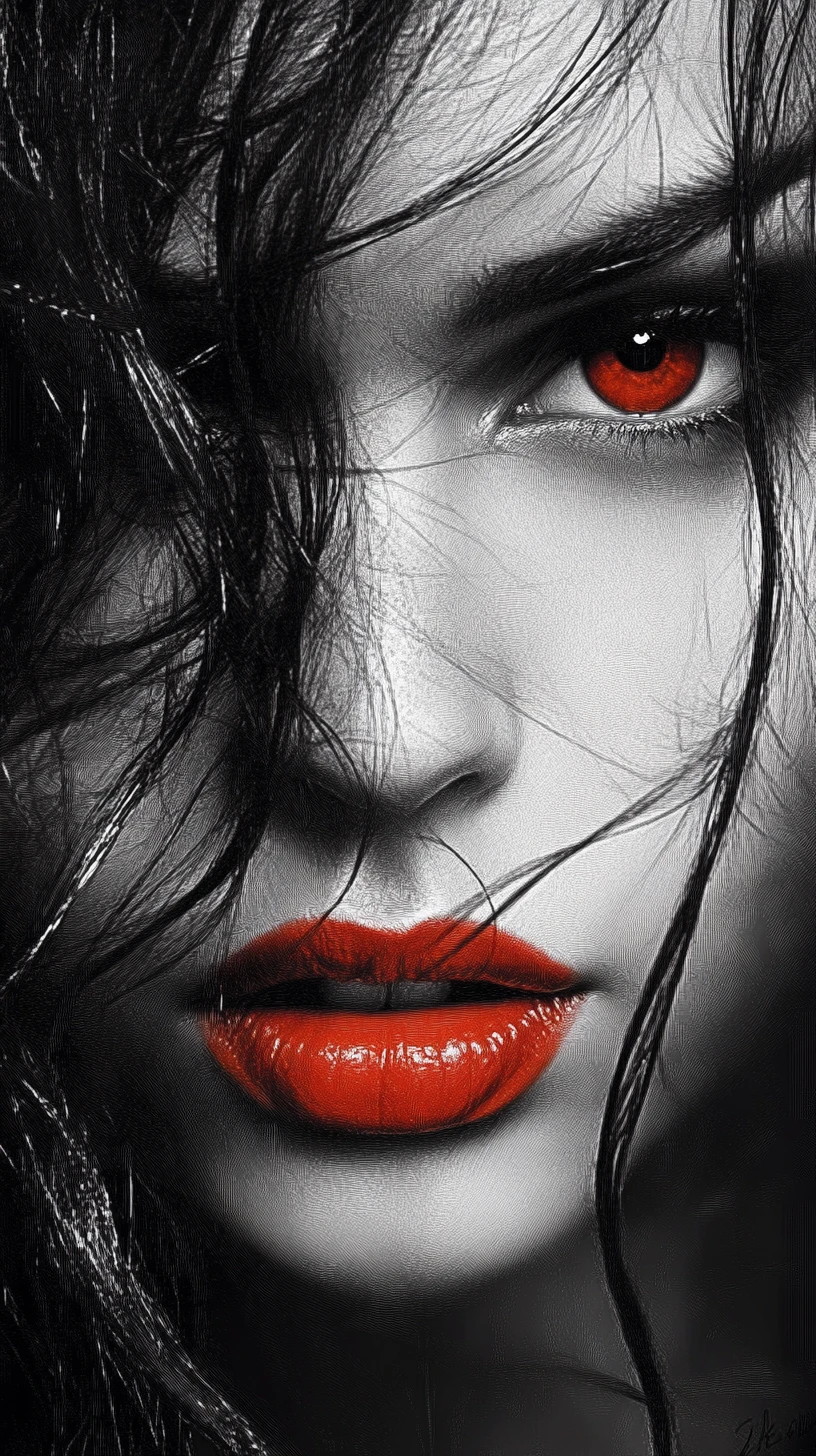 Ink portrait of a woman with red eyes and lips