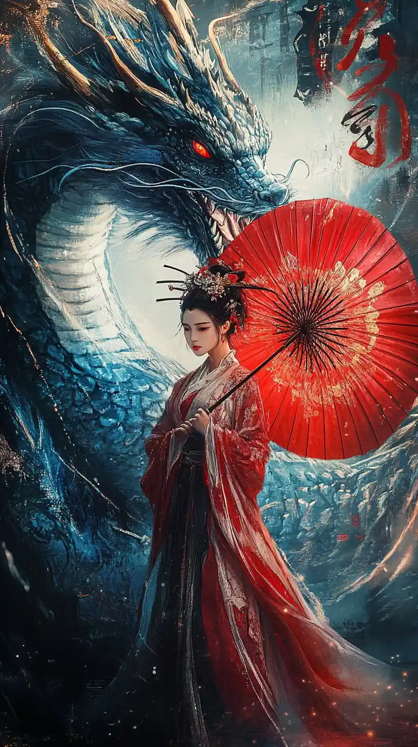 Hanfu woman beside blue dragon with red parasol