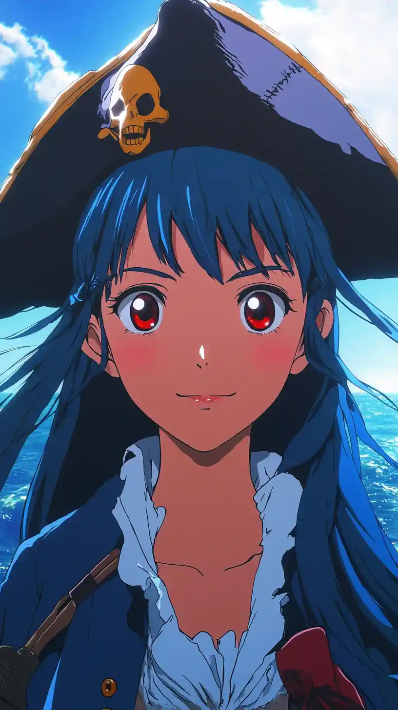 Anime pirate woman against stormy ocean and blue sky