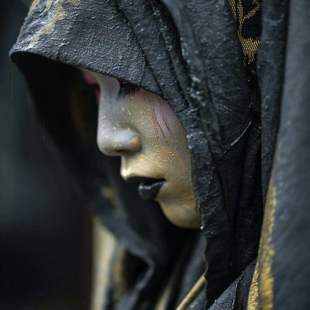 Veiled geisha figure in rain on neon city street