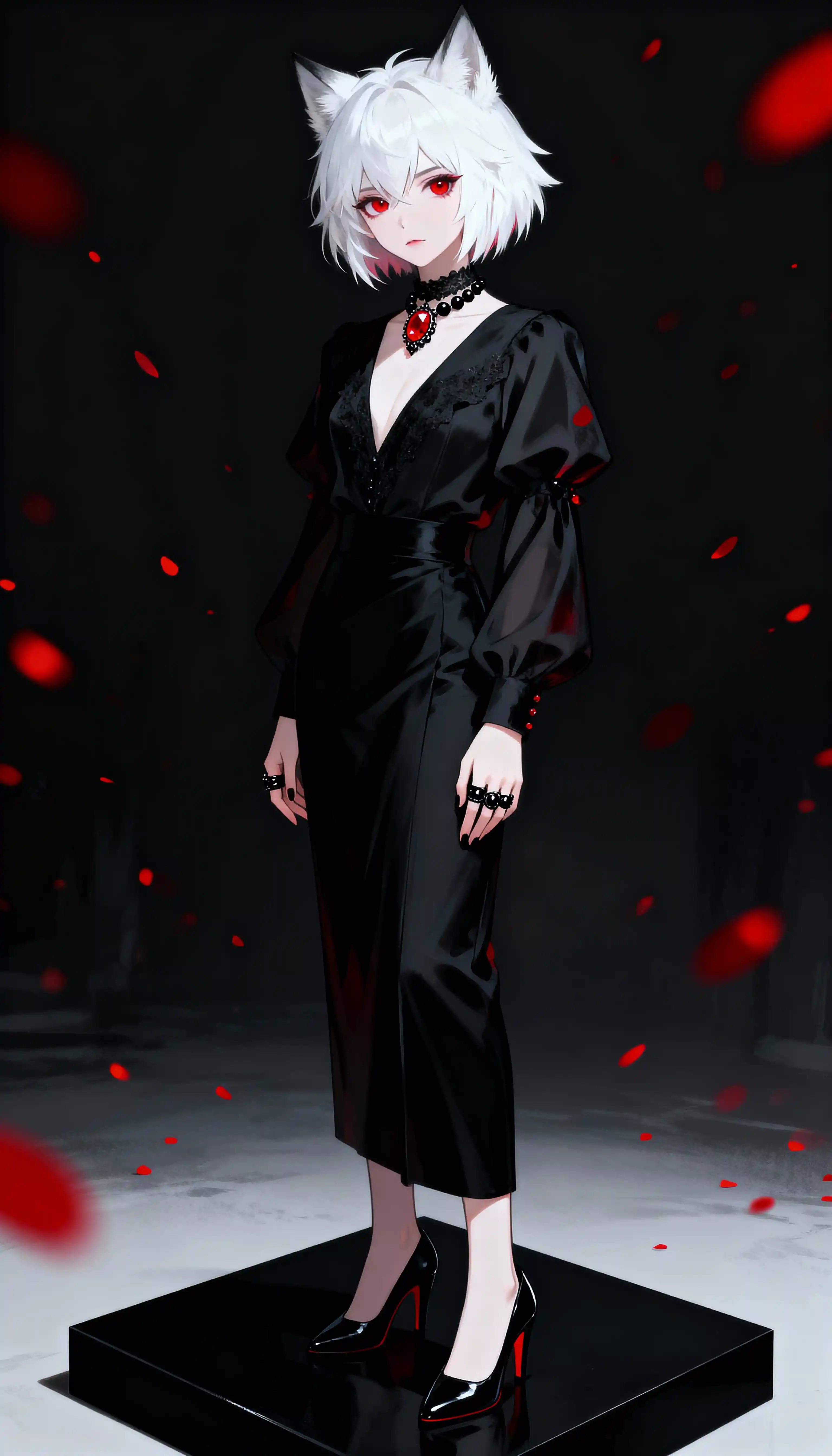 White haired anime girl on dark platform with red glow