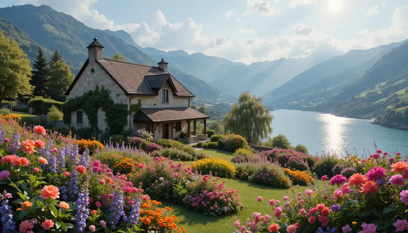 Rustic stone farmhouse by a lake with sunlit hills