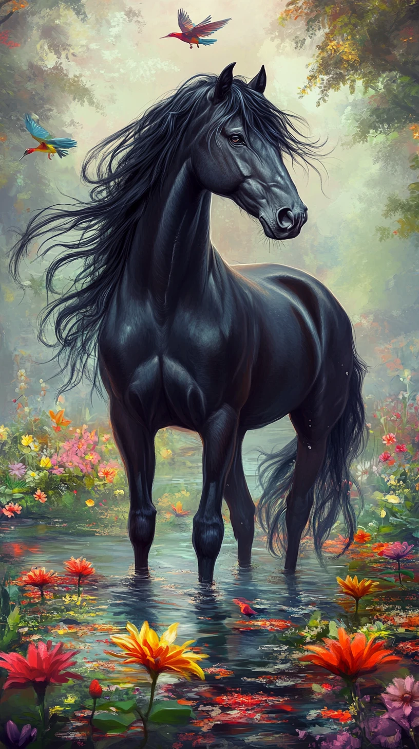 Caballo negro de melena ondulante junto a un lago tranquilo