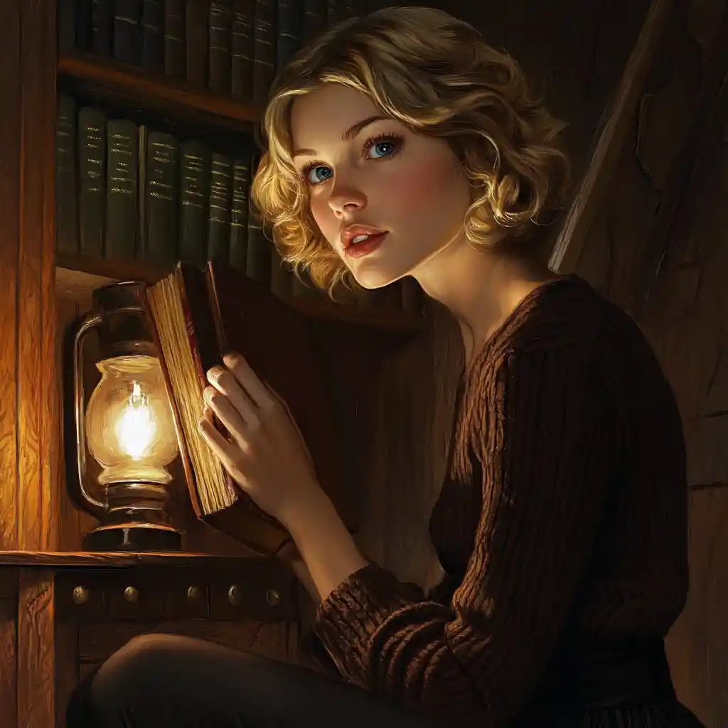 Woman choosing a book by warm lamplight in a library
