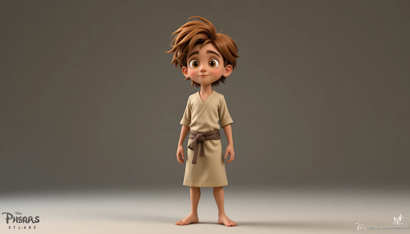 Hoja de personaje 3D de un niño curioso con túnica de lino