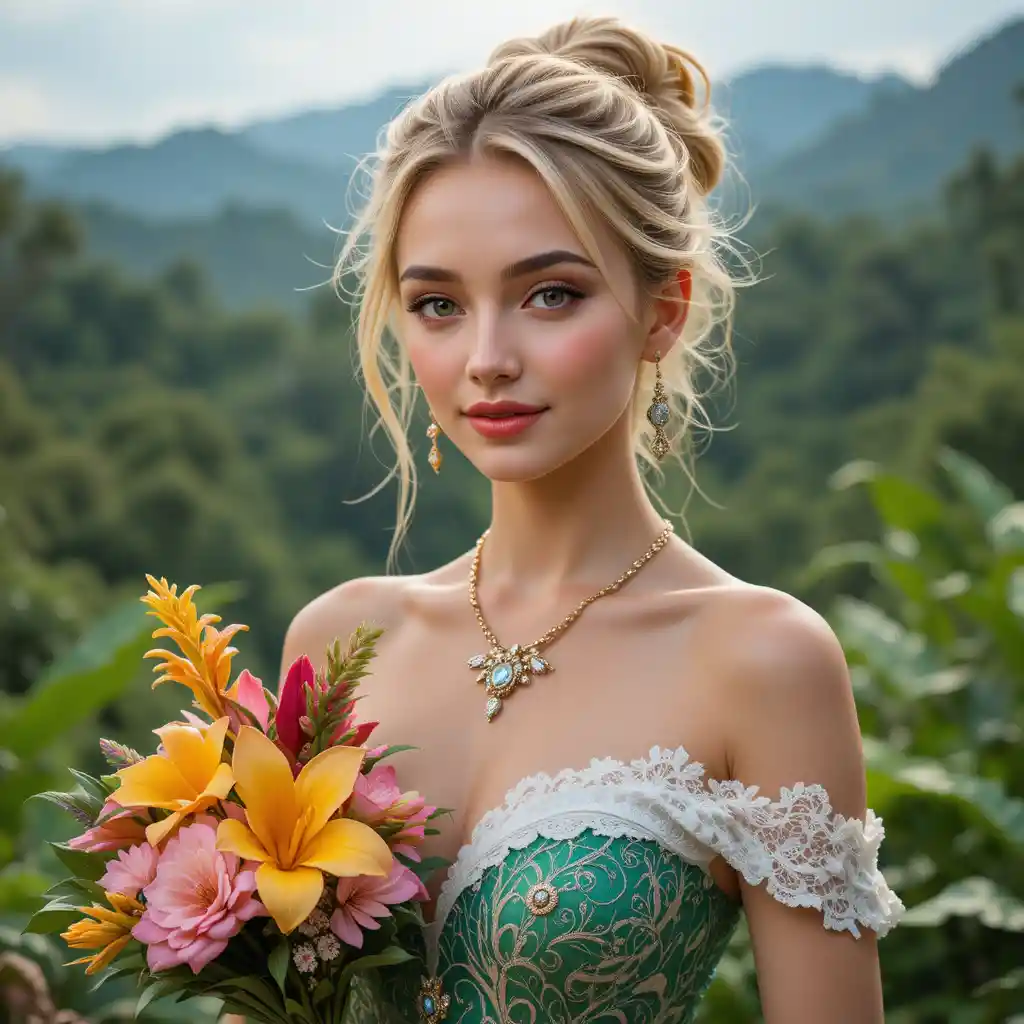 Happy blonde woman in lace dress with tropical bouquet