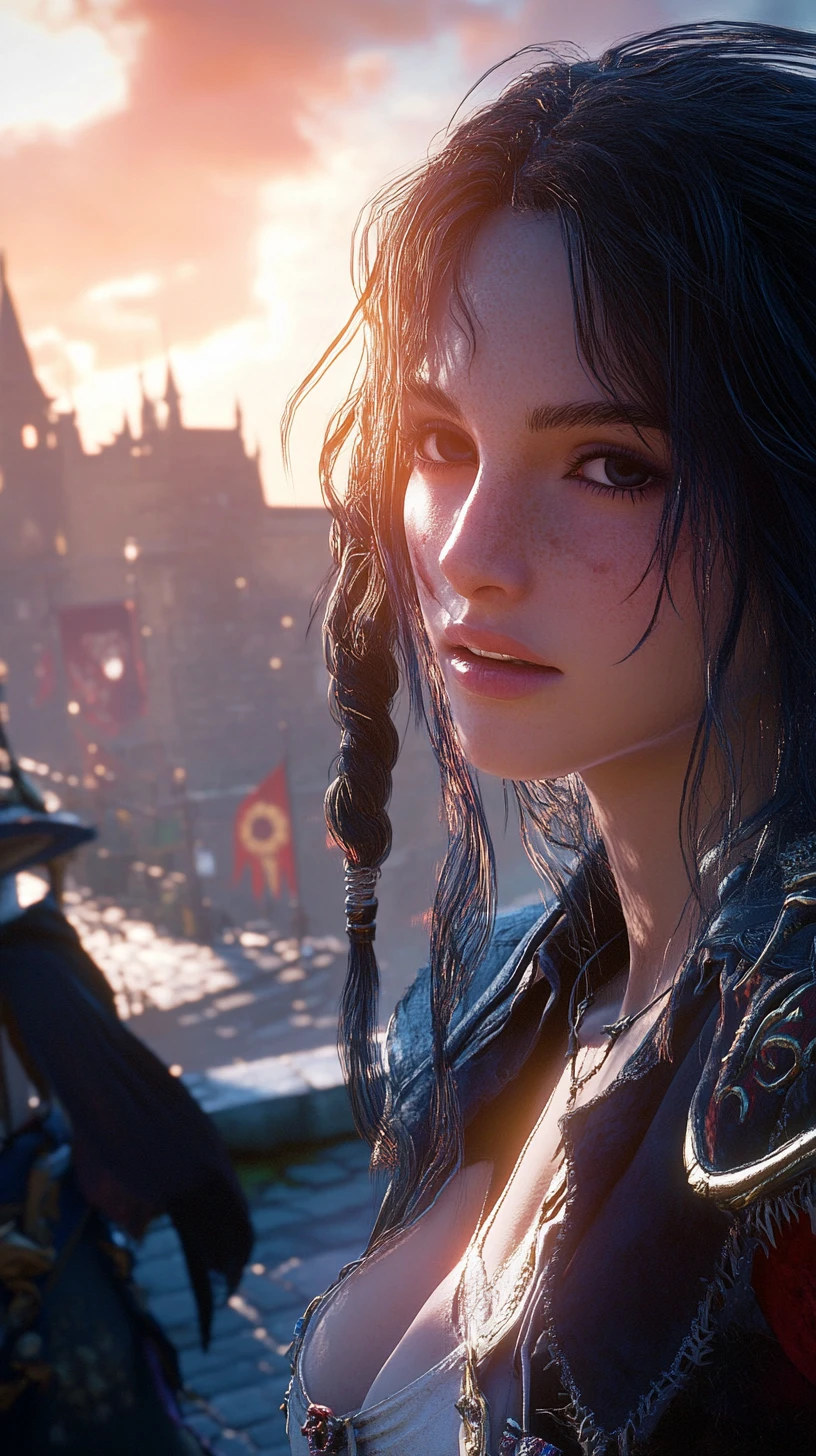 Close up of anime pirate girl on a city street