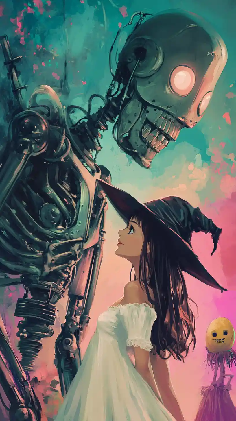 Retro cartoon girl witch with robot and smiling ion
