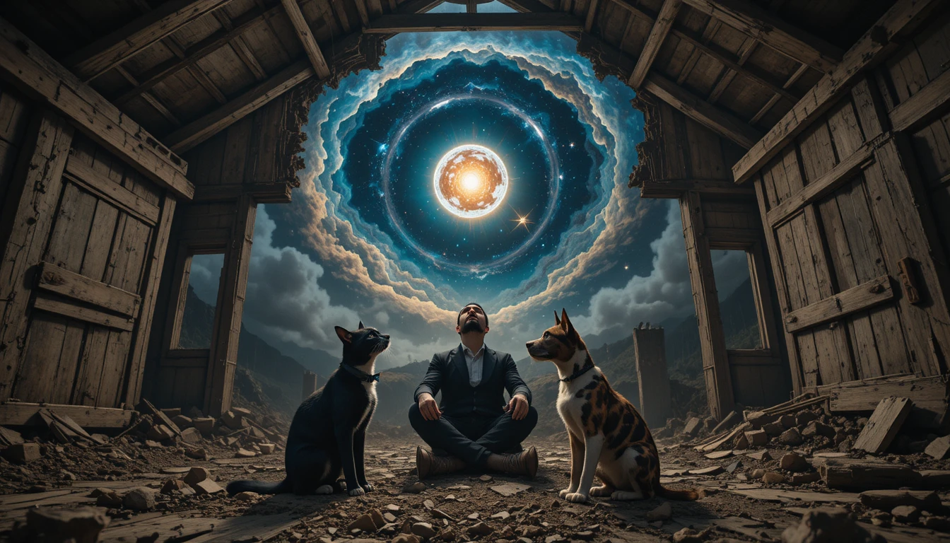 Hombre y animales contemplando una nebulosa cósmica en lo alto