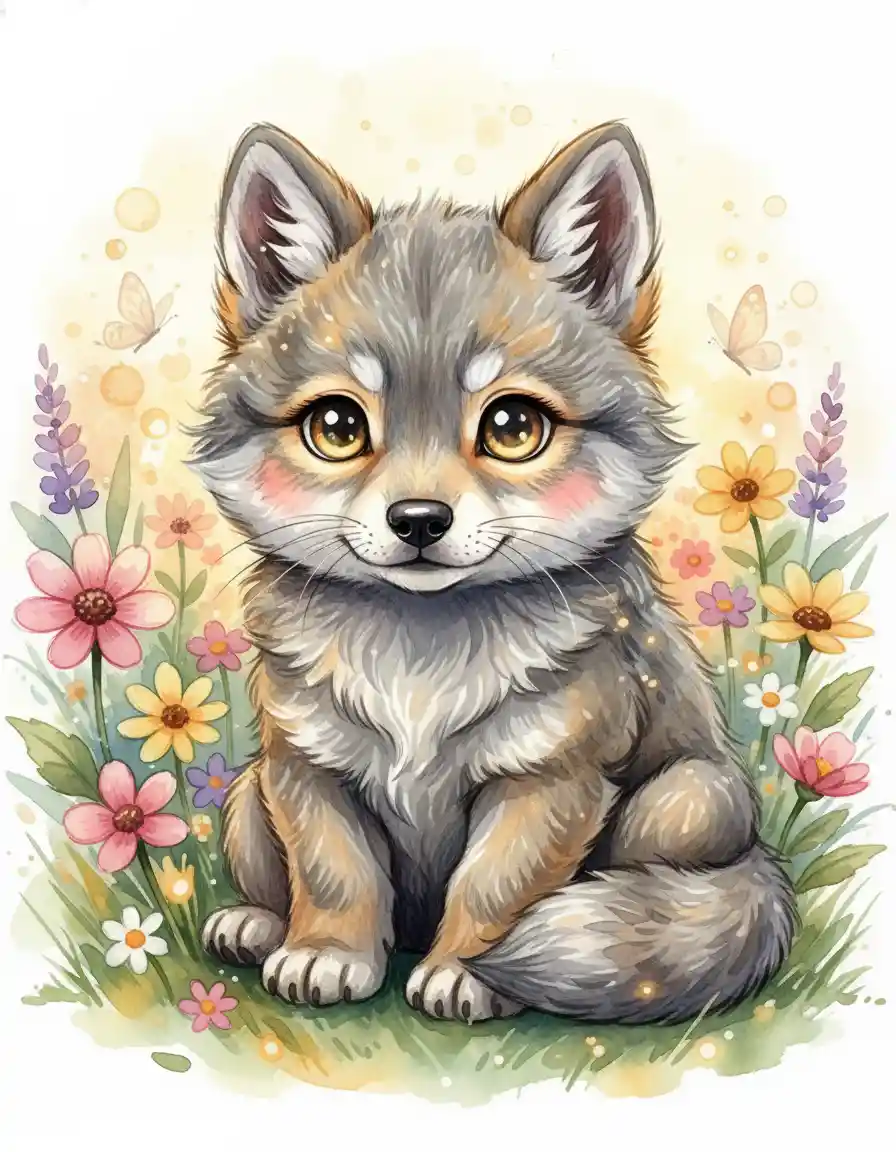 Cute baby gray wolf in a whimsical flower meadow