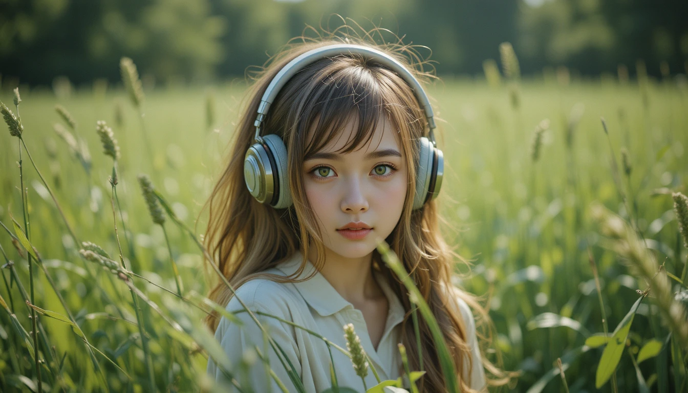 Girl with headphones standing on grass enjoying nature
