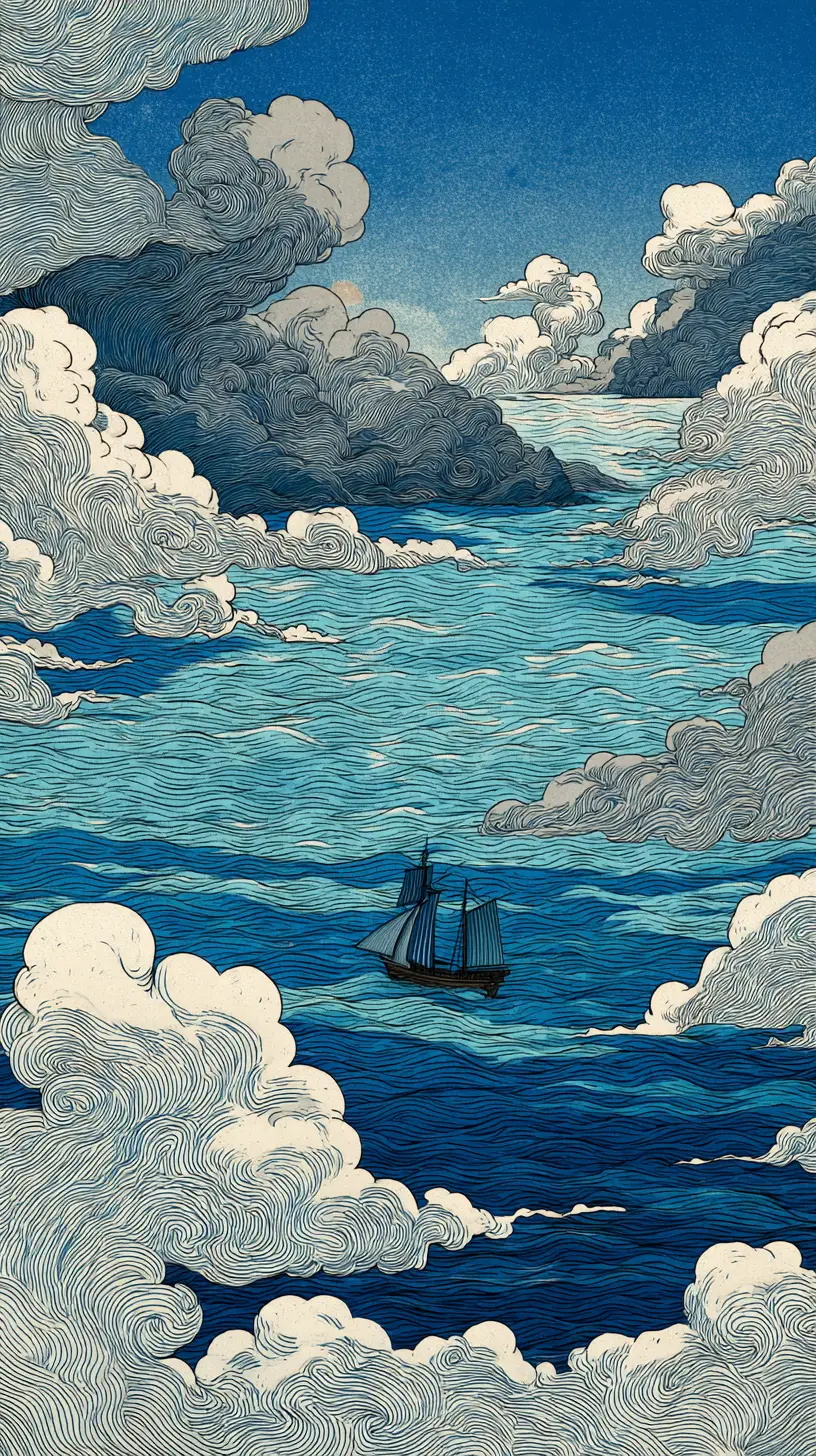 Scena oceanica in stile ukiyo-e con isola centrale e piccola nave