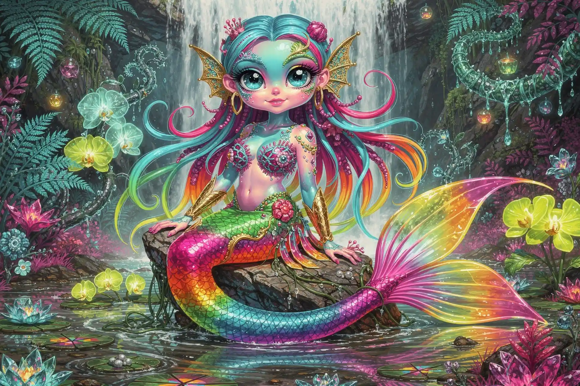 Sirena aliena arcobaleno su roccia in laguna fantasy surreale