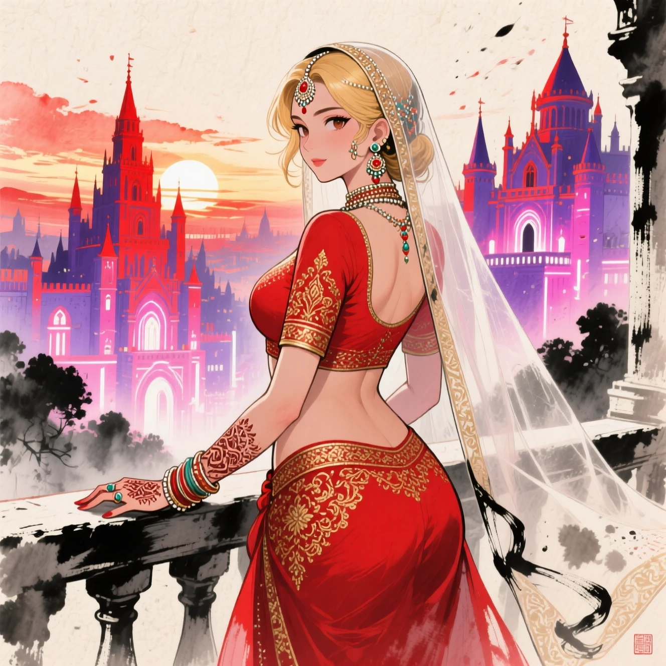 Seductive Indian bride in red lehenga on city balcony