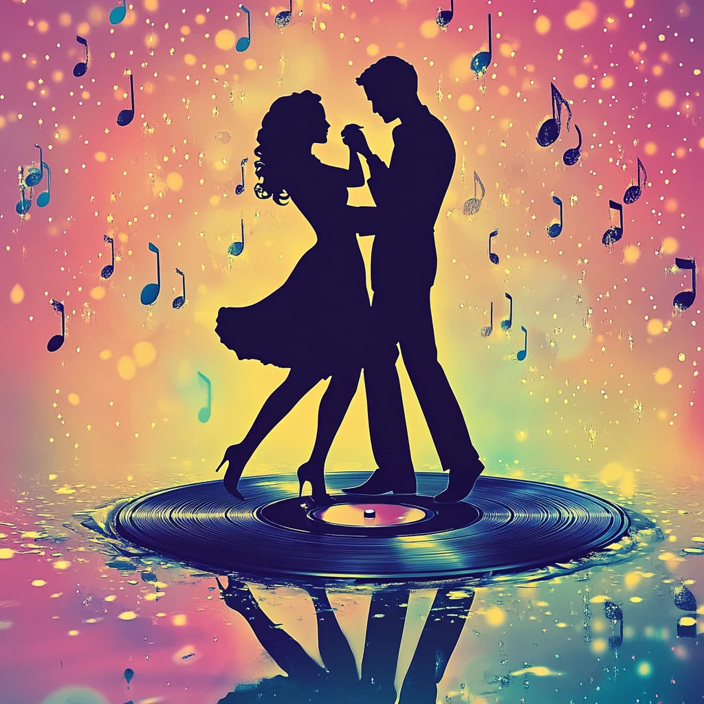 Coppia che balla su vinile con note musicali