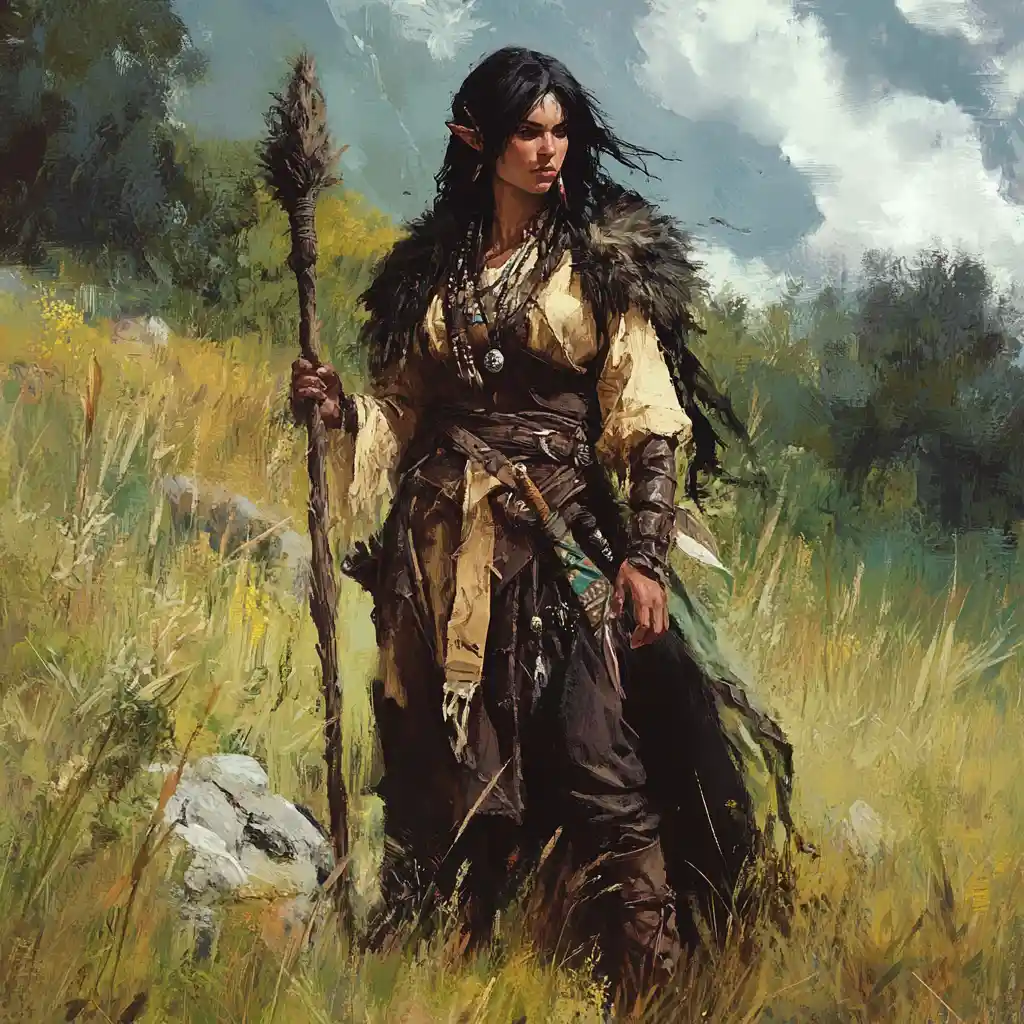 Nomadic druid woman standing in open grassland
