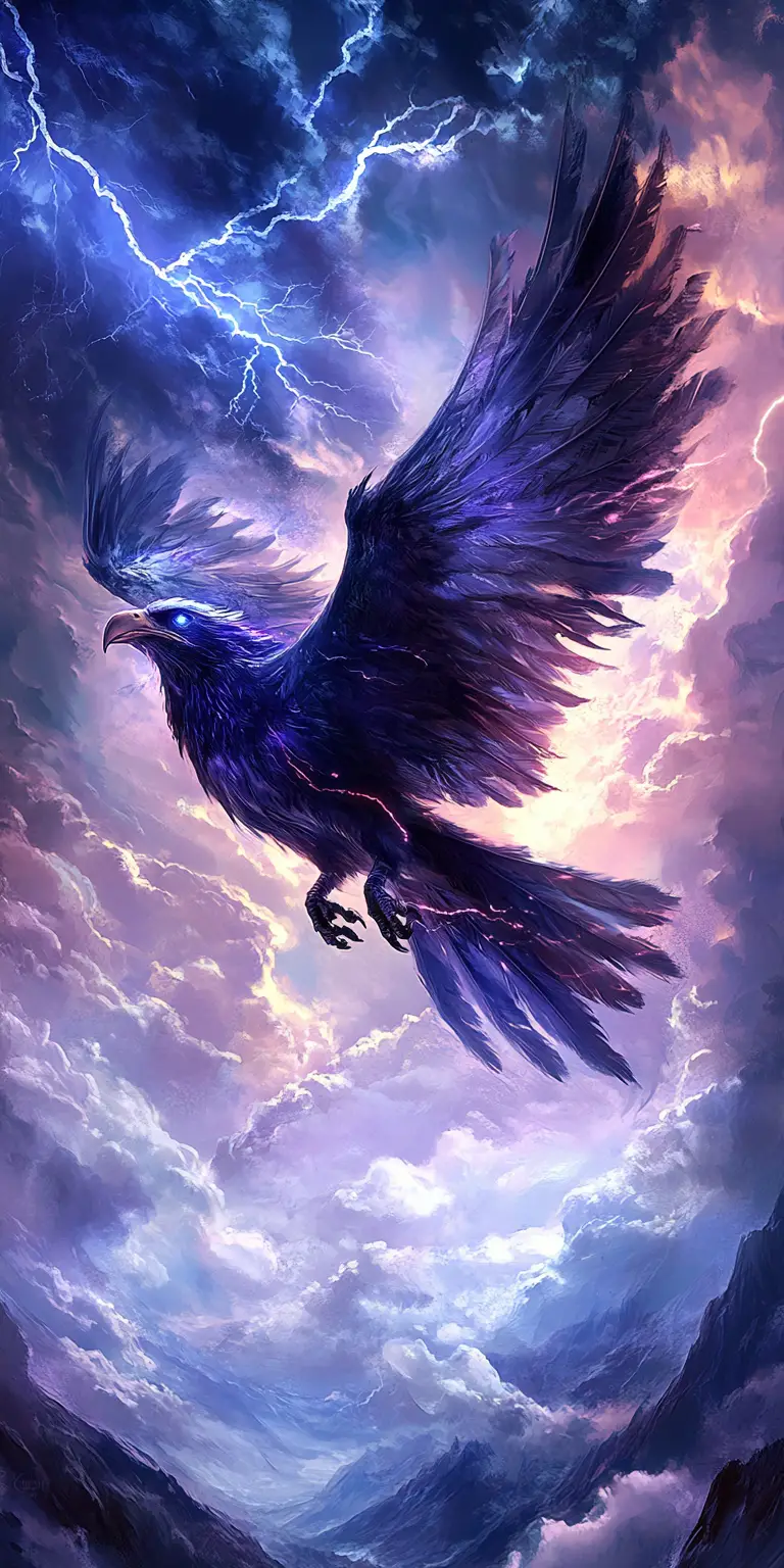 Thunderbird unleashing lightning over stormy mountain sky