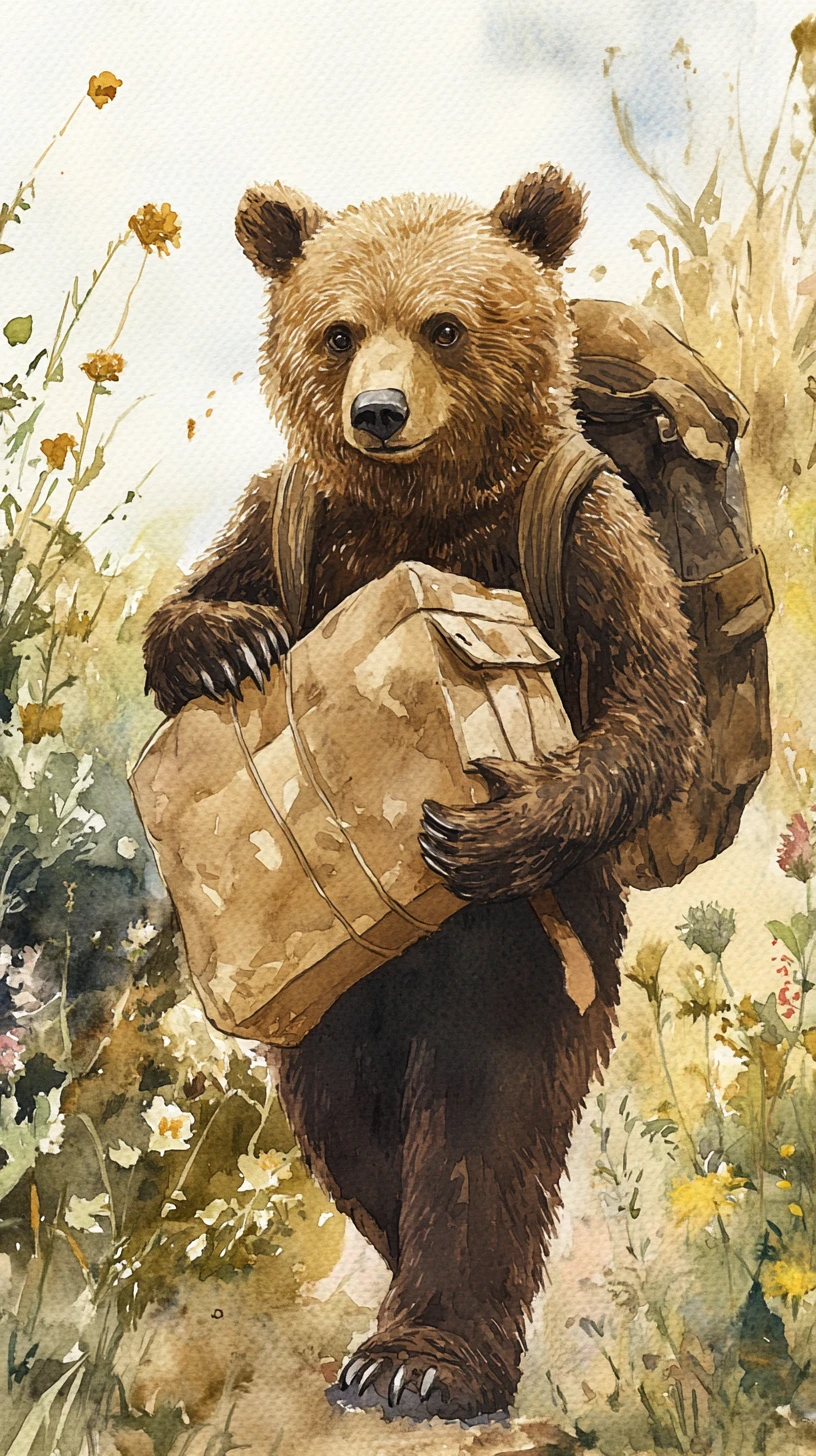 Oso comerciante en acuarela caminando por un campo tranquilo