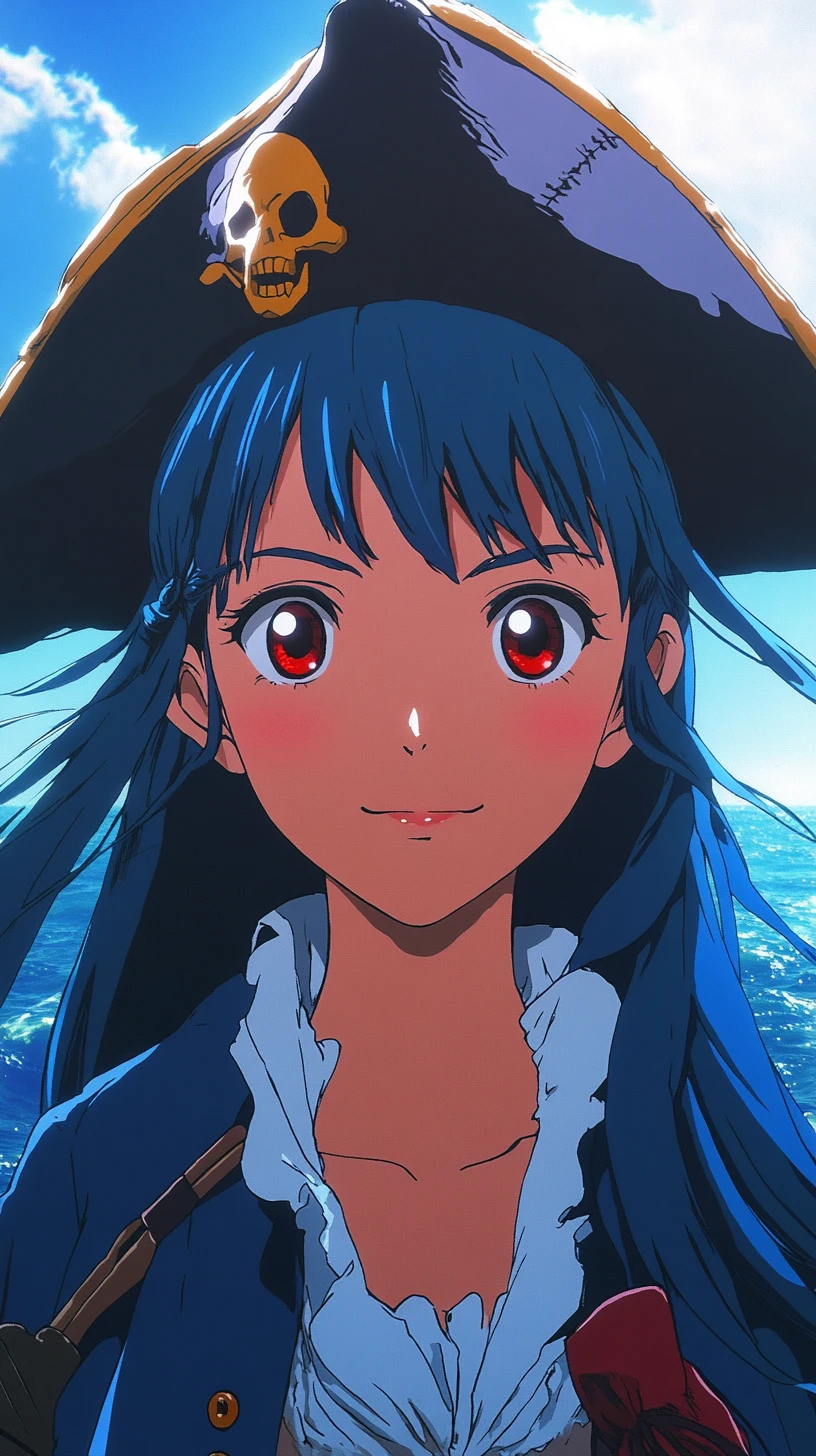 Anime-Piratin vor stürmischem Ozean und blauem Himmel