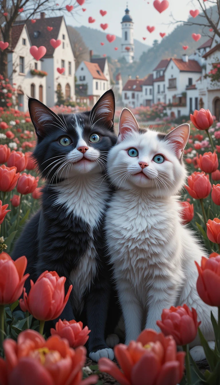 Gatos sorridentes de bolinhas entre tulipas vermelhas e corações