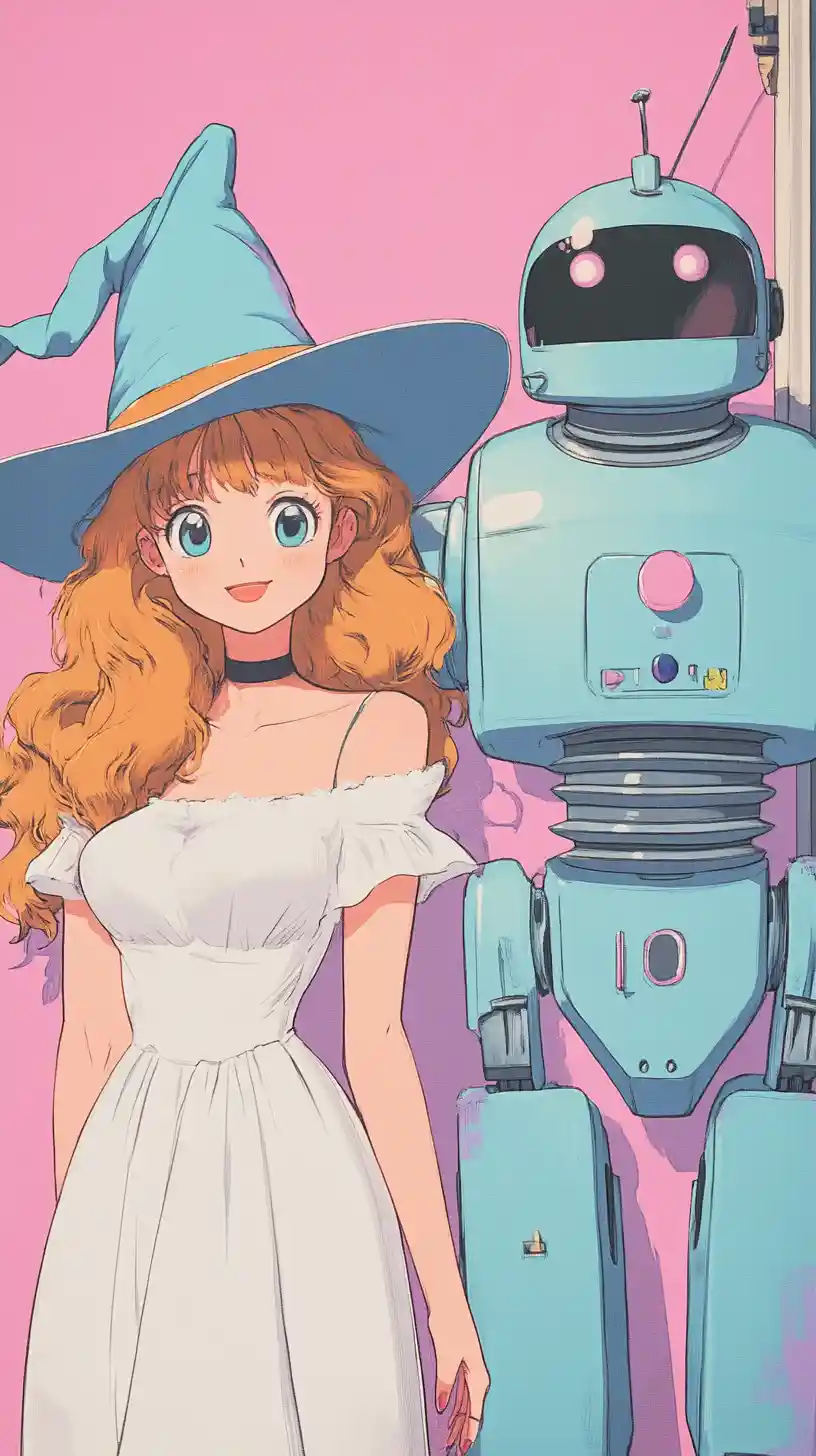 Retro cartoon witch girl with robot and friendly ion