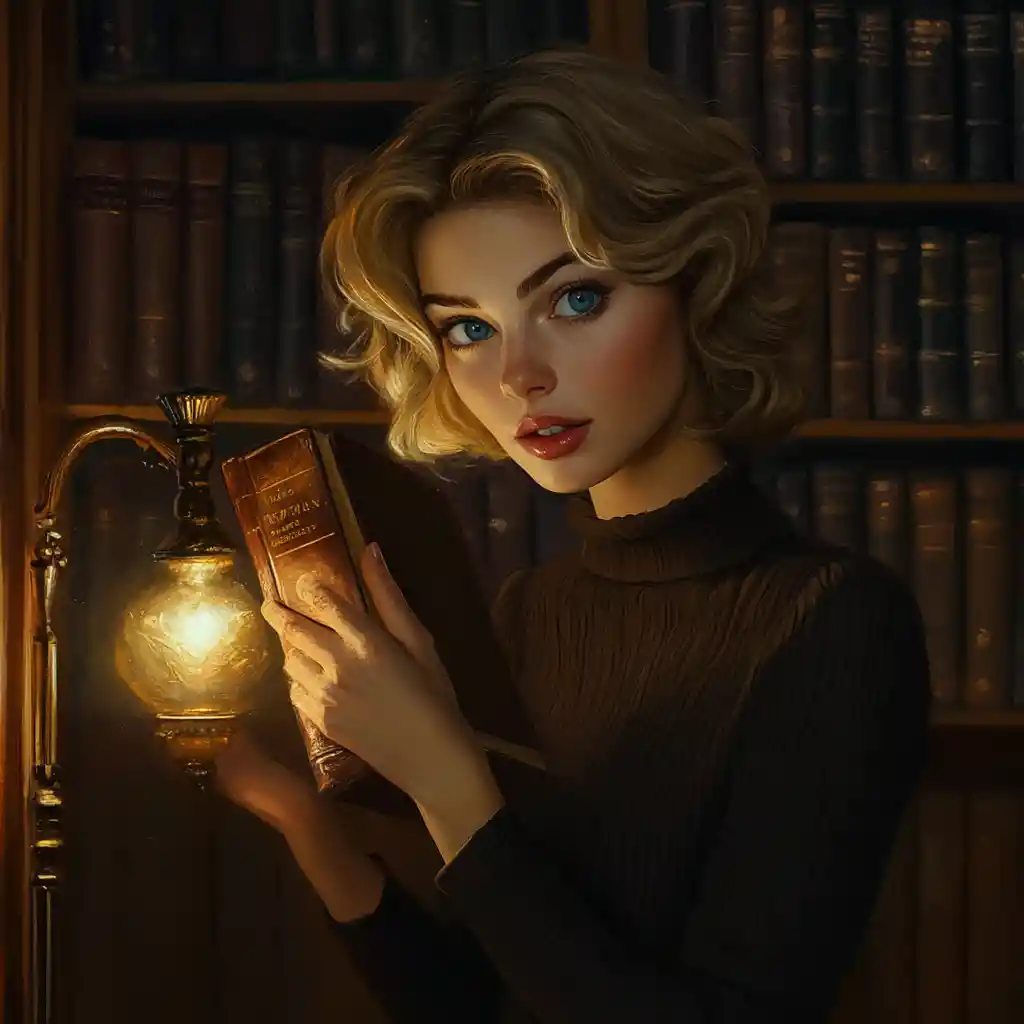 Thoughtful woman choosing a book by warm lamplight