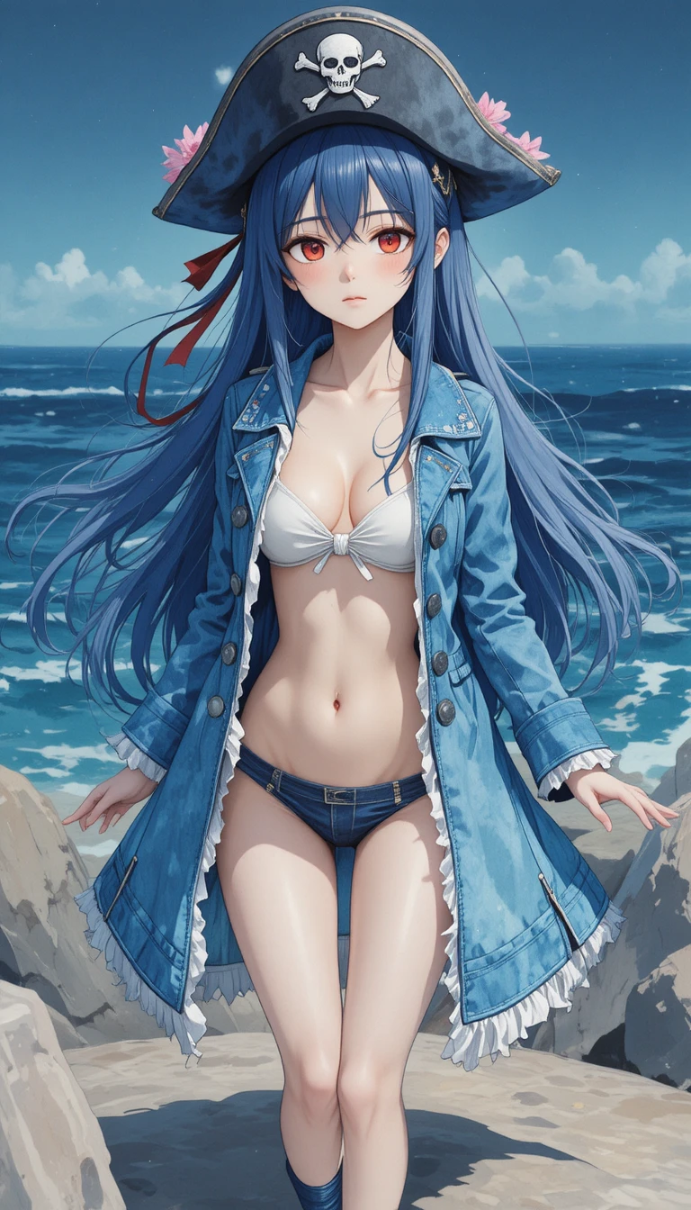 Anime pirate girl with blue hair in deep sea scene
